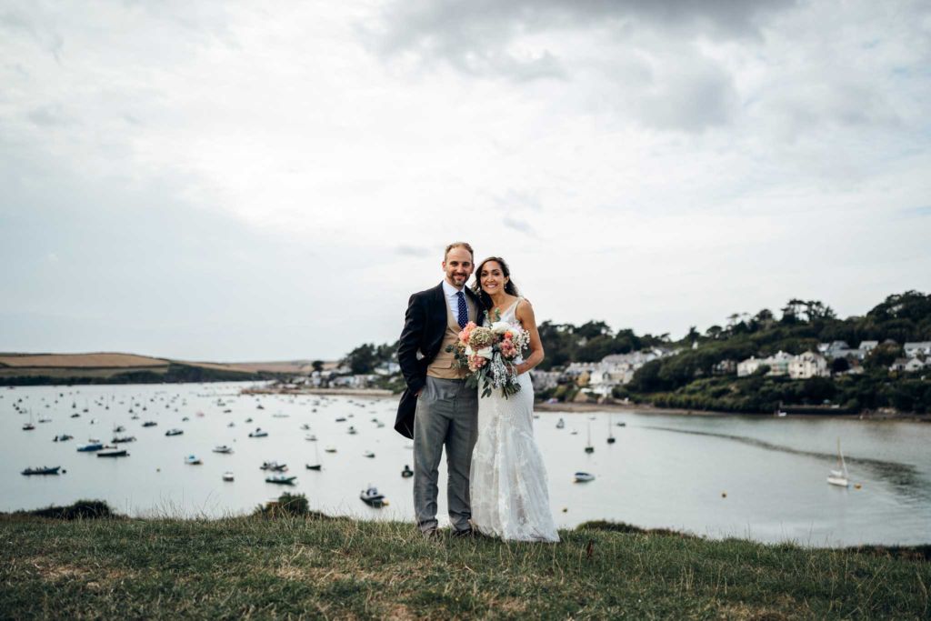 bride and groom at porthilly farm, rock, cornwall